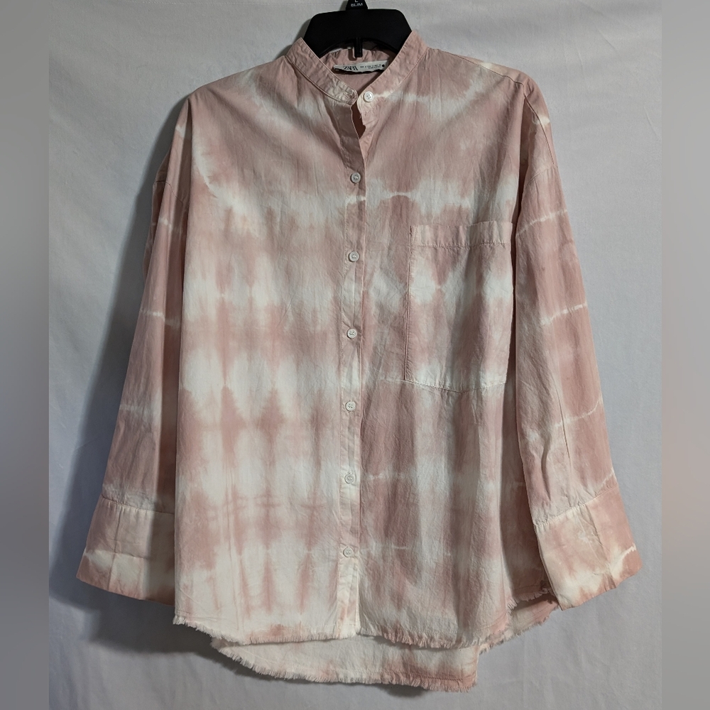 ☘️Zara Women Dusty Pink & White Tie Dye Oversized Long Sleeve Button Down, Small